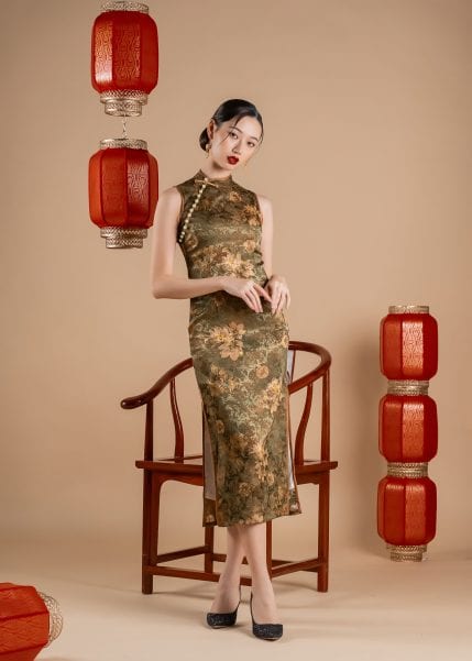 Veil of Sepia Blossoms Maxi Qipao