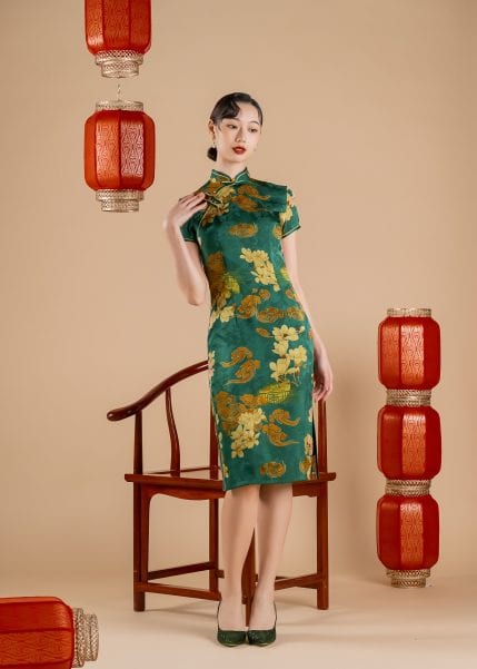 Sky Fleur Adenium Midi Qipao in Green